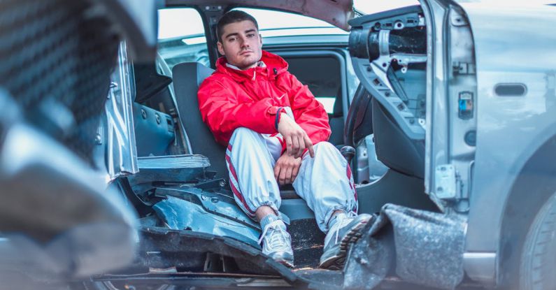 Emergency Repair - Man in Red Coat Sitting on Broken Car Seat