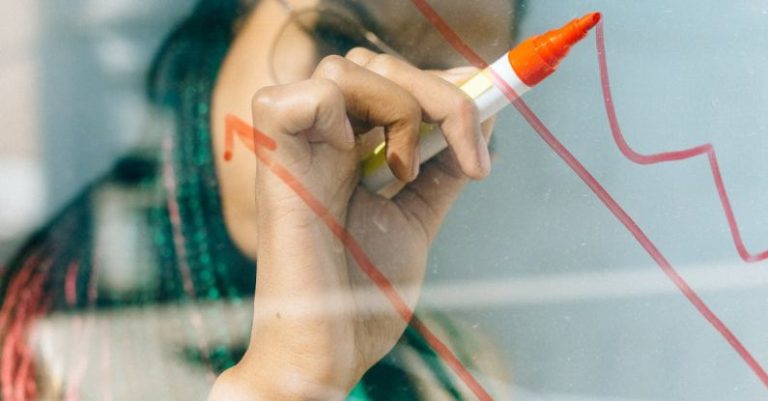 Financial Analysis - Woman in a Beige Coat Writing on a Glass Panel Using a Whiteboard Marker
